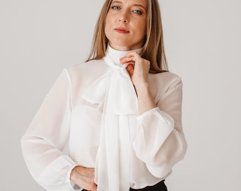 Seductive Sheer Bow Blouse With Long Sleeves Milky Colour Made to Order