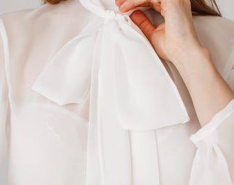 Seductive Sheer Bow Blouse With Long Sleeves Milky Colour
