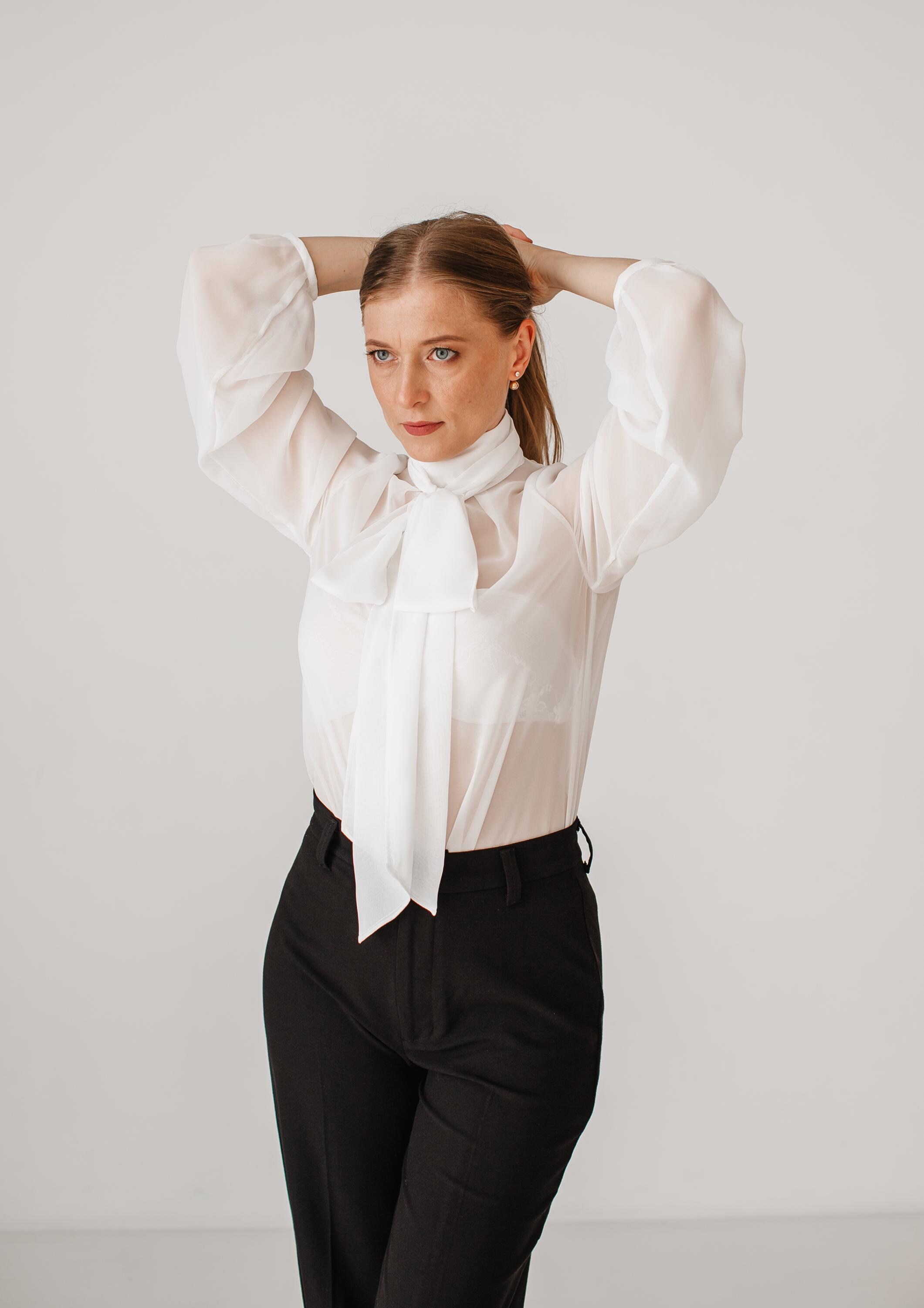 Chiffon Blouse, Bow Blouse, Chiffon Transparent Blouse With Long 