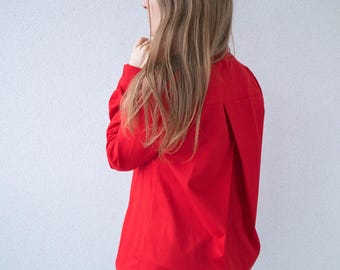 Long Sleeve Button Down Modern Red Blouse with Long Sleeves and Rear Pleat