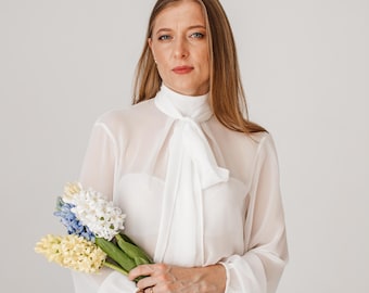 Blusa de mujer blanca lechosa transparente de manga larga con lazo, blusa de gasa color marfil con lazo, top elegante con espalda descubierta, camisa transparente de manga larga
