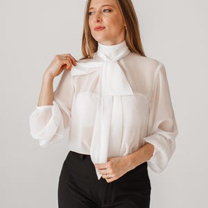 Chiffon Blouse, Bow Blouse, Chiffon Transparent Blouse With Long Sleeves And a Milky Bowb, Seductive Blouse