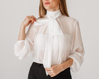 Chiffon Blouse, Bow Blouse, Chiffon Transparent Blouse With Long Sleeves And a Milky Bowb, Seductive Blouse