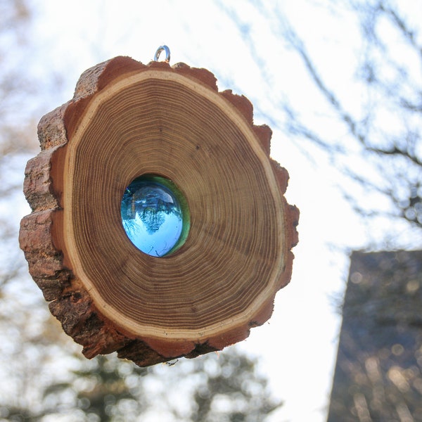 Sonnenfänger, Baumscheibe mit Glaskugel in türkis (6cm), Holzscheibe Robinie ca. 23 cm