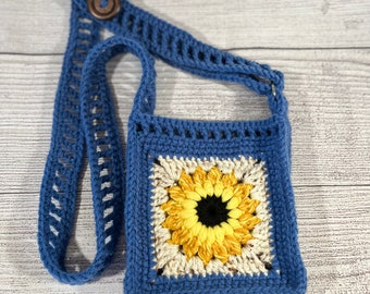 Blauwe zonnebloem crossbodytas met verstelbare riem