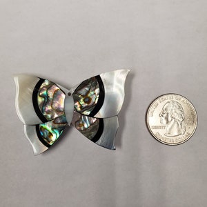 May include: A white and black butterfly brooch made of iridescent abalone shell. The butterfly is about the size of a quarter.