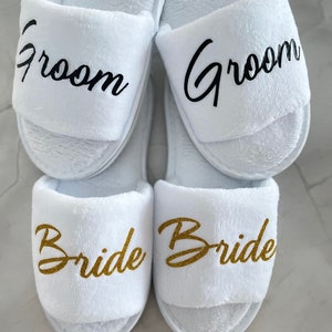 Personalised White Slippers – Custom Printed – Groom - Bride – Bridesmaid Name or Intials, Wedding, Hens, Party or Pamper Day. Deluxe Sole