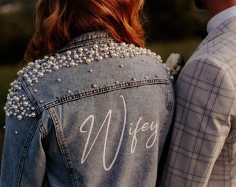 Bride Pearl Denim Jacket, Future Mrs, Custom Personalised Printed for Bride. White, Wedding Day, Hens night. Wifey.