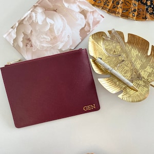 Personalised Leather Pouch. Monogram your name or initials.  Embossed.  Custom made, Next day dispatch. Great Gift Ideas Burgundy
