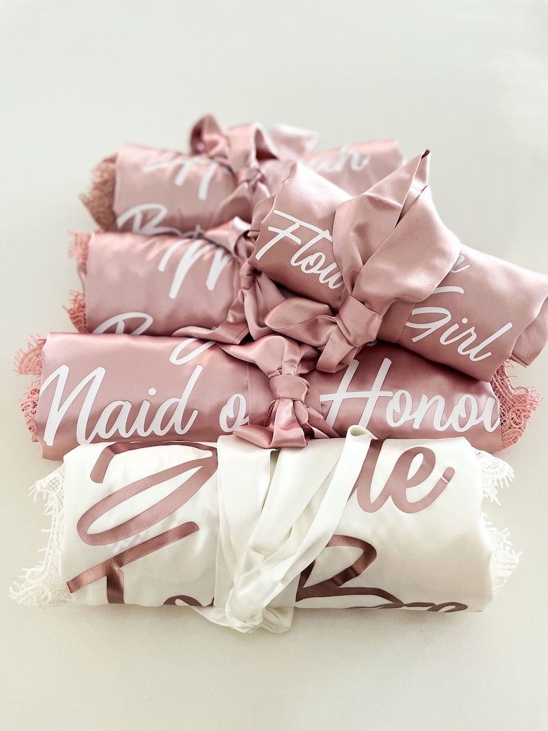 Personalised Lace Trim Robes for Bride or Bridesmaid. Wedding Bridal Party Wear. Maid of Honour, NEXT DAY DISPATCH Blush Pink, White image 4
