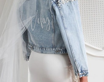 Luxe Bridal Pearl Denim Jacket, Custom Personalised Printed for Bride. White, Wedding Day, Hens night. Wifey. Blue