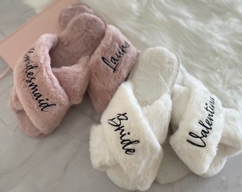 Personalised Fluffy Slippers – Custom Printed or Plain Bride – Bridesmaid Name or Intials, Wedding, Hens, Party or Pamper Day.  Pink/White