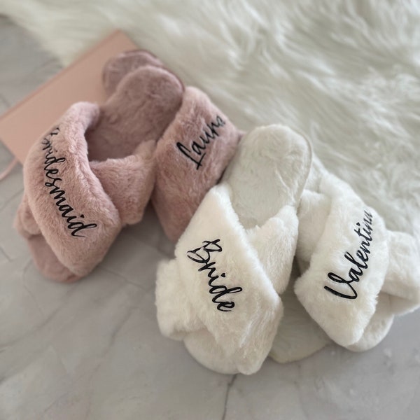 Personalised Fluffy Slippers – Custom Printed or Plain Bride – Bridesmaid Name or Intials, Wedding, Hens, Party or Pamper Day.  Pink/White