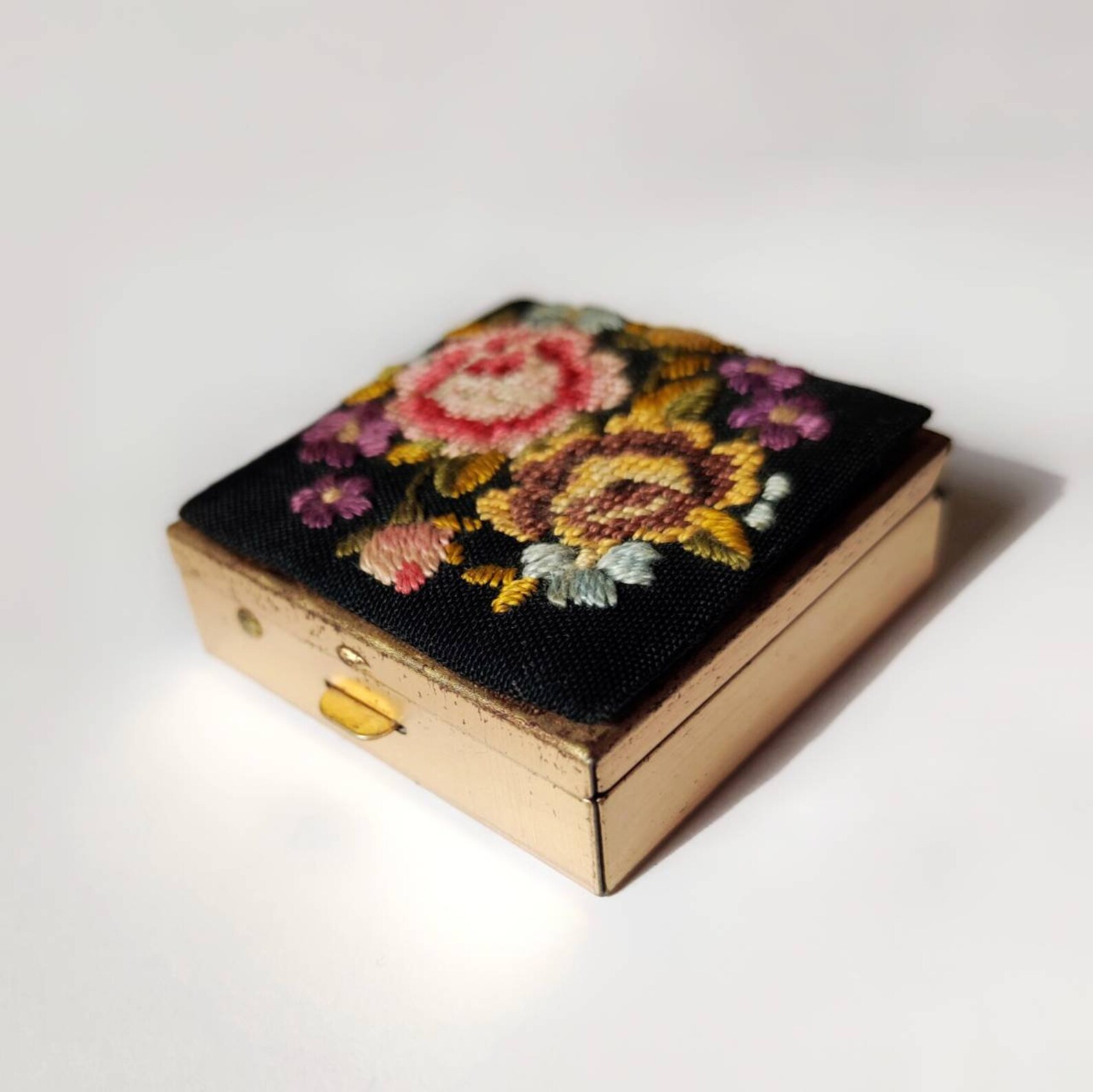 Vintage Embroidered Pill Box Square Petit Point Embroidery Etsy