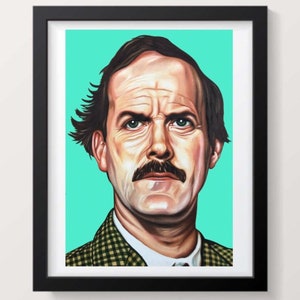 May include: A framed illustration of a man with a moustache and a plaid jacket. The background is a bright turquoise colour.