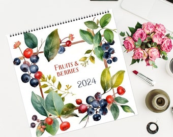 2024 Fruits and berries watercolor illustrated wall/desk mini calendar, gardening calendar, veggies food art, Botanical vegan calendar 2024