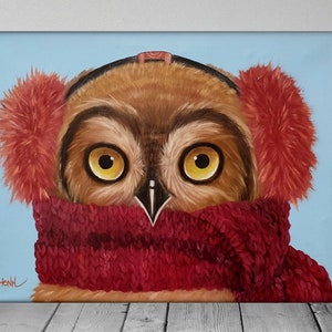 Barn owl wall art Bird painting original Bird canvas wise owls blue Owl art Spotted Owl