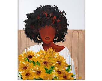 Black girl magic Sunflower painting floral woman wall art Faceless portrait woman art african american girl wall art textured painting