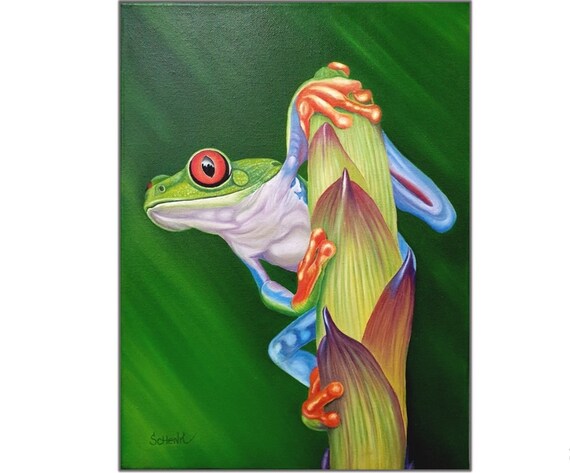 Tree frog painting Cute Frog wall art Realistic  Green frog painting red eyed frog Macro painting