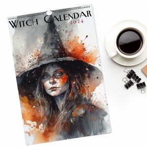 Watercolor witchy wall hanging art calendar 2024, wiccan,pagan,occult illustrated wall art,12 month calendar,witchy art halloween poster