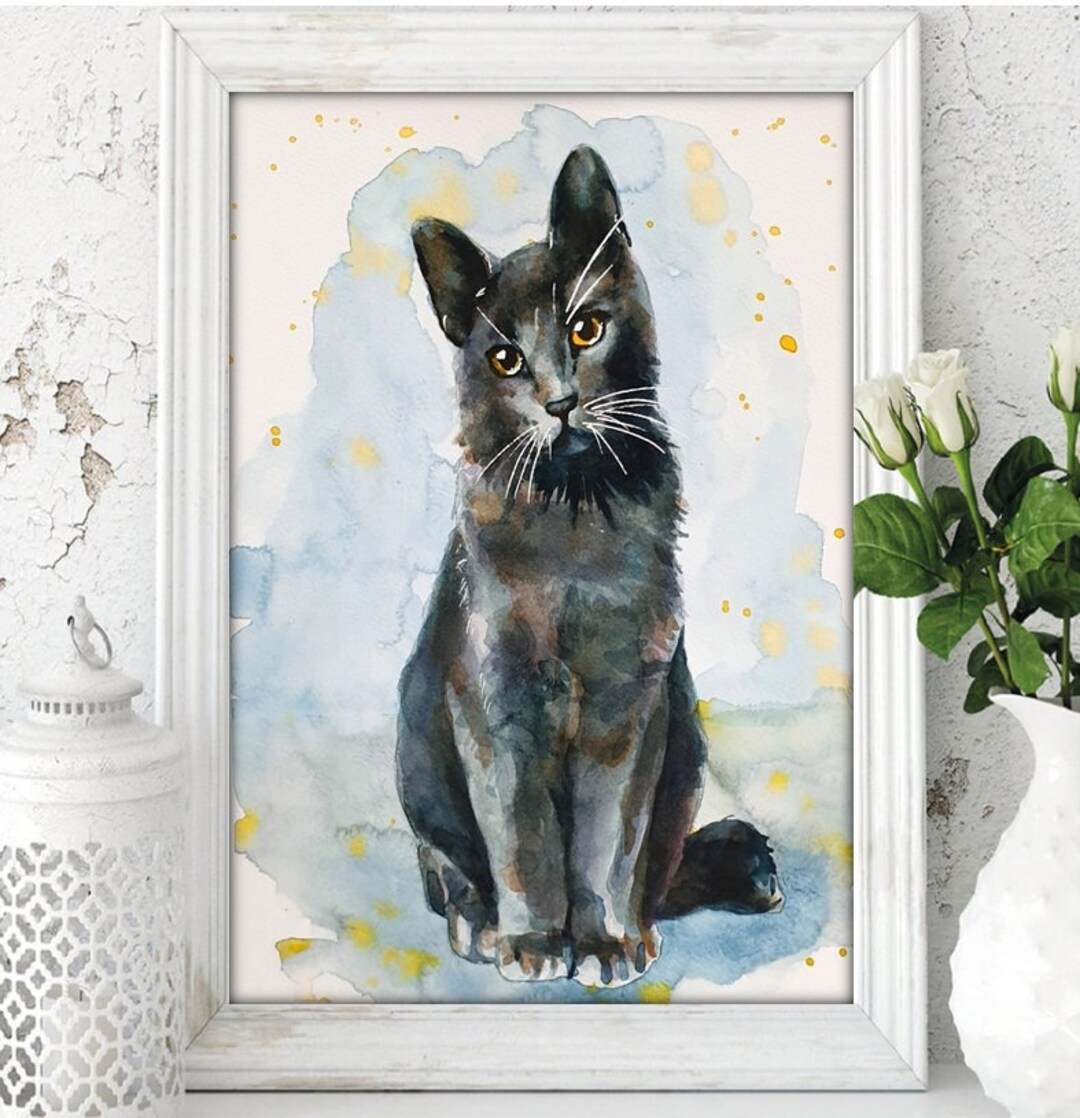 Black Cat Wall Art Poster Portrait Gray Painting Print Tuxedo Tabby Cat ...