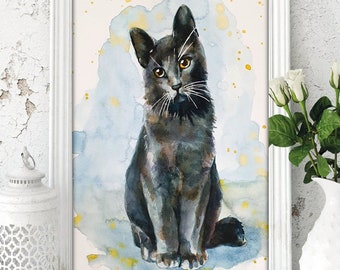 Black cat wall art poster portrait Gray painting print tuxedo tabby cat watercolor themed gifts watercolor cat print Kitten watercolor