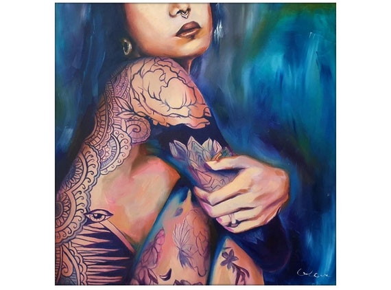 Erotic painting nude wall art naked lesbian original painting self love art 31,5 x31,5" tattoo shop decor trendy wall art