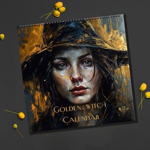 Golden witch Moon Phases 2024 Lunar wall Calendar, wiccan pagan illustrated desk calendar,astrology small calendar,12 month hanging calendar