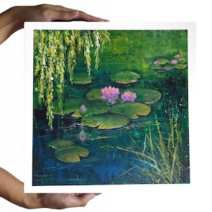 Water lily  monet I love lotus wall art Wow spa lotus painting 12x12 Monet lilies lotus flower decor mini canvas painting greenery wall art