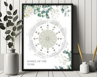 Circular large pagan wheel of the year wall calendar, sage green hanging wall art,extra large big poster calendar 2023-2024, wiccan calendar