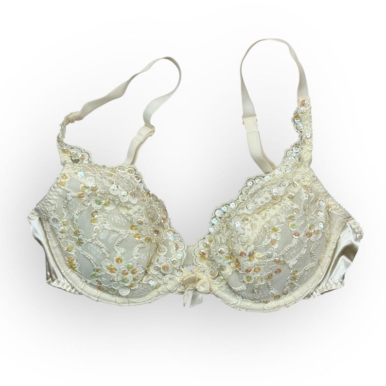 Vintage Victorias Secret Lace Sequined Push Up Bra 34C Ivory image 1