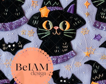 3D Witchy Black Cat Seamless Pattern: Halloween Fabric Sublimation (Digital)