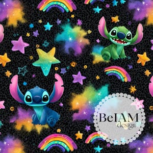 May include: A vibrant pattern featuring the character Stitch from Lilo & Stitch, rainbows, stars, and colorful nebulas on a black leopard print background. The design includes the text "BeIAM design" in a circular frame.