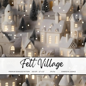 Felt Village White Christmas Seamless Pattern for Fabric Printing Magical Winter Seamless Pattern 3D Felt Village Repeat Fabric Design Print