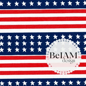 Puede incluir: Una bandera estadounidense roja, blanca y azul con un círculo blanco que contiene el texto "BelAM design" en negro.