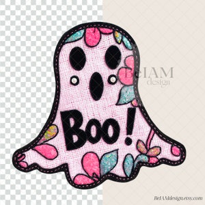 3D PNG Bordado Falso Retro Floral Fantasma Png Sublimação Texturizado Fantasma PNG Sublimação Glitter Lantejoulas Png Boo Fofo Assustador Png Halloween