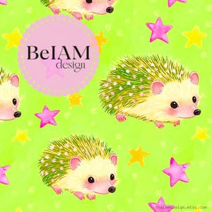 Patrón repetitivo sin costuras de erizos con estrellas preppy de neón para sublimación de tela, papel digital de erizos lindos, tela personalizada para uso comercial
