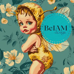 Peut inclure: Illustration d'un bébé déguisé en abeille, portant un bonnet et un body à motifs floraux jaunes avec des ailes. Le fond est un motif floral turquoise. L'image comprend le texte "BeIAM design" dans un cercle turquoise.