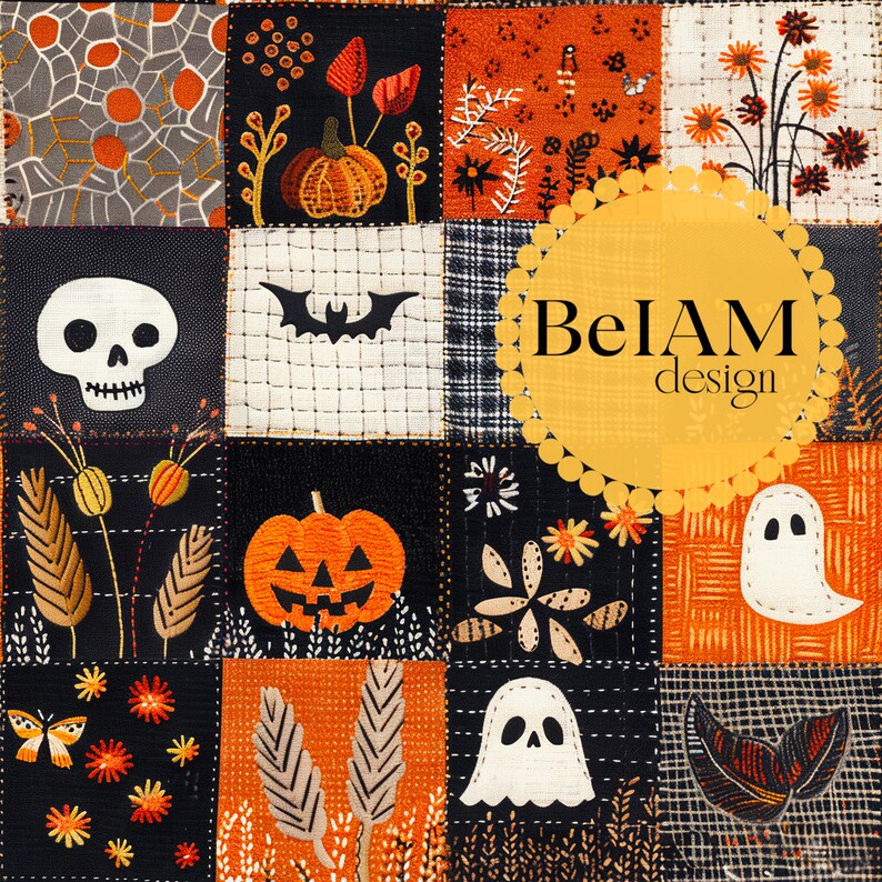 Op de afbeelding: Een patchwork quiltontwerp met verschillende Halloween-thema's, waaronder pompoenen, geesten, vleermuizen en schedels. De quilt is gemaakt van verschillende oranje, zwarte en witte stoffen. De quilt is gesigneerd met "BelAM design".