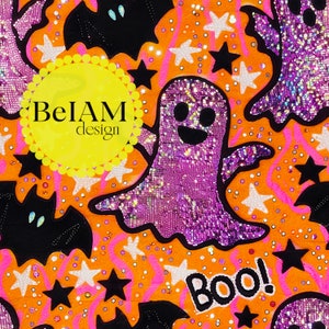 Glittery Retro Halloween Seamless Pattern: Neon Ghosts & Bats (Digital Download)