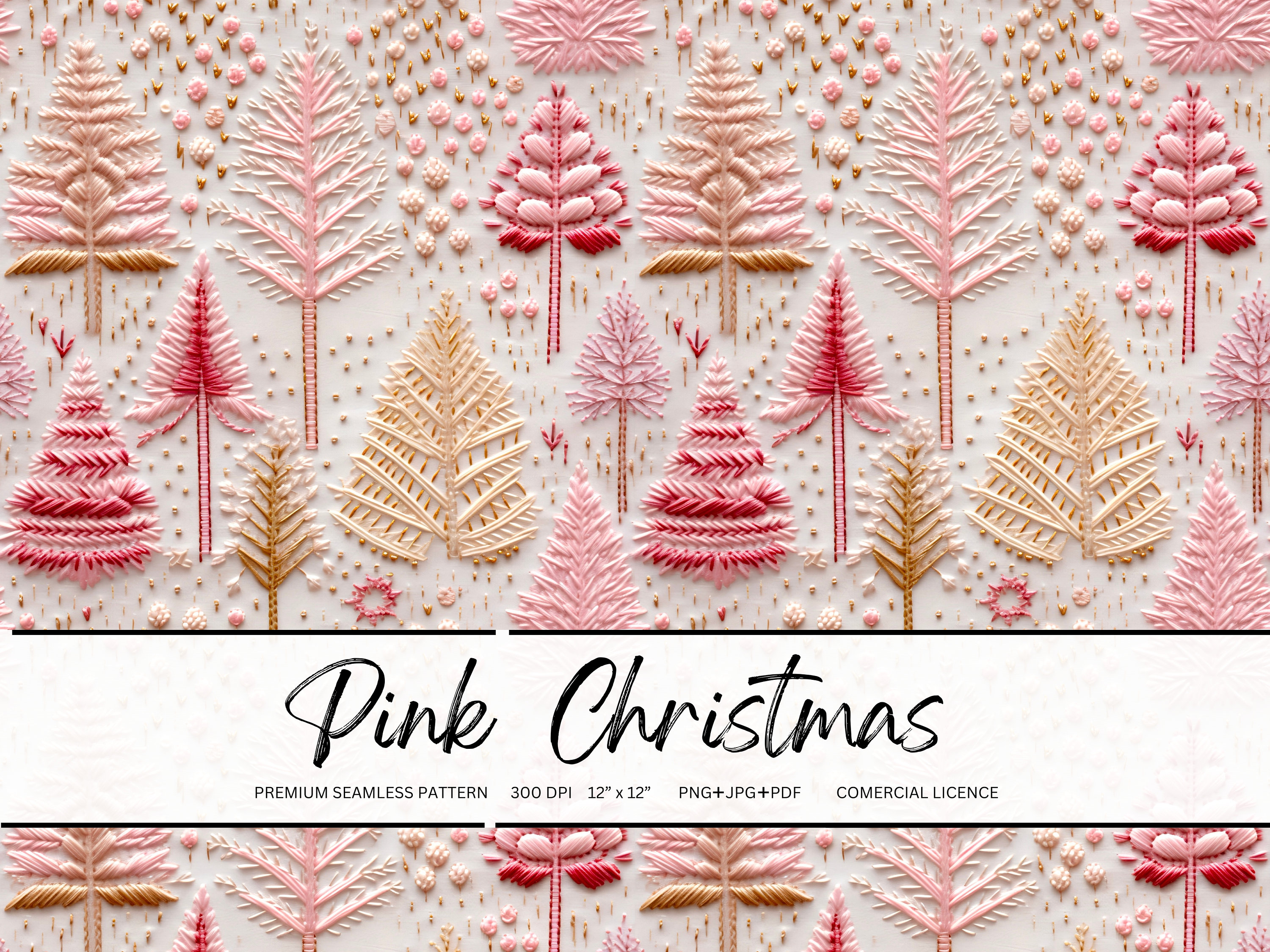 Pink Christmas Trees Faux Embroidery Seamless Pattern