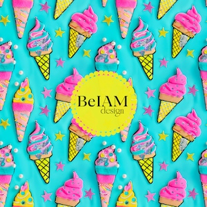 May include: A repeating pattern of colorful ice cream cones on a blue background. The ice cream cones are decorated with pink, yellow, and blue frosting and sprinkles. The background is dotted with white pearls and yellow stars. The text "BelAM design" is in the center of the image.