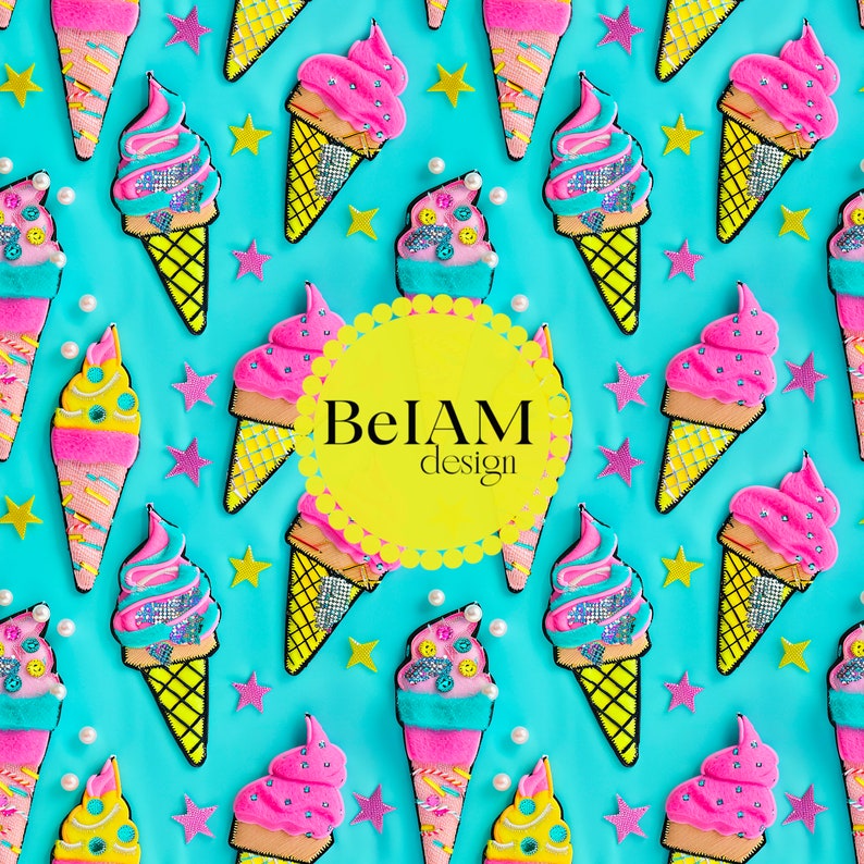 May include: A repeating pattern of colorful ice cream cones on a blue background. The ice cream cones are decorated with pink, yellow, and blue frosting and sprinkles. The background is dotted with white pearls and yellow stars. The text "BelAM design" is in the center of the image.