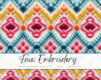 Faux Embroidery Seamless Pattern: Colorful Fabric Print (Digital File)