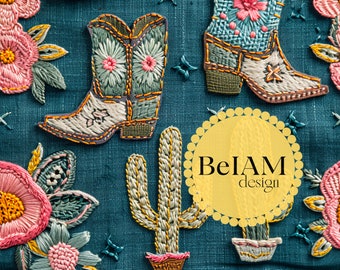 Western Faux Embroidery Seamless Pattern: Cowboy Boots Fabric (Digital File)