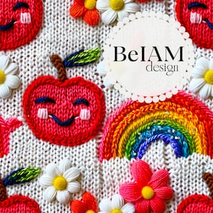 May include: A white knitted fabric with colorful embroidered designs. The design includes a rainbow, apples, flowers, and the text "BelAM design".