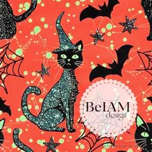 Black Witch Cat Seamless Pattern Repeating File for Fabric Sublimation Glittery Halloween Digital Paper Custom Fabric Commercial Use