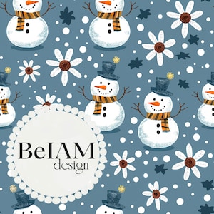 Blue Floral Snowman Seamless Pattern Repeating File for Fabric Sublimation Snowman Digital Paper Craft Scrapbook Tumbler Design Wallpaper