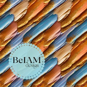 May include: Abstract digital art print featuring a pattern of overlapping brushstrokes in shades of blue, orange, and gold. The print includes the text "BeIAM design" in a circle.