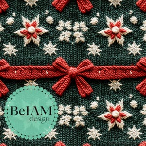 May include: A green knitted fabric with a red ribbon and bow, white snowflakes, and red flowers. The fabric has the text "BeIAM design" in a teal circle.